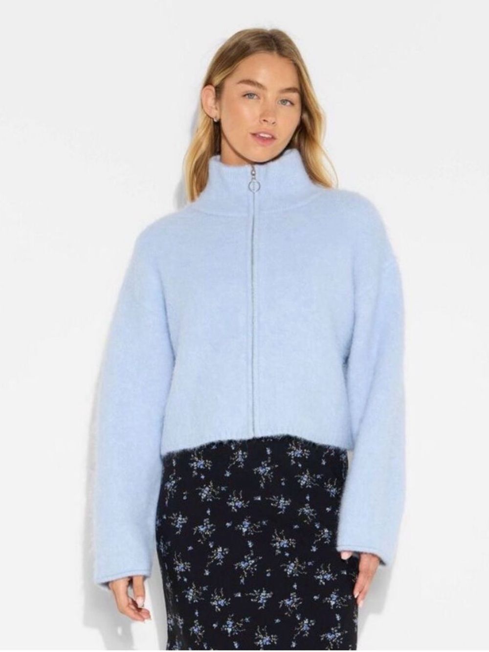 wild fable Sky Blue Plush Zip-Up Mock Neck Jacket